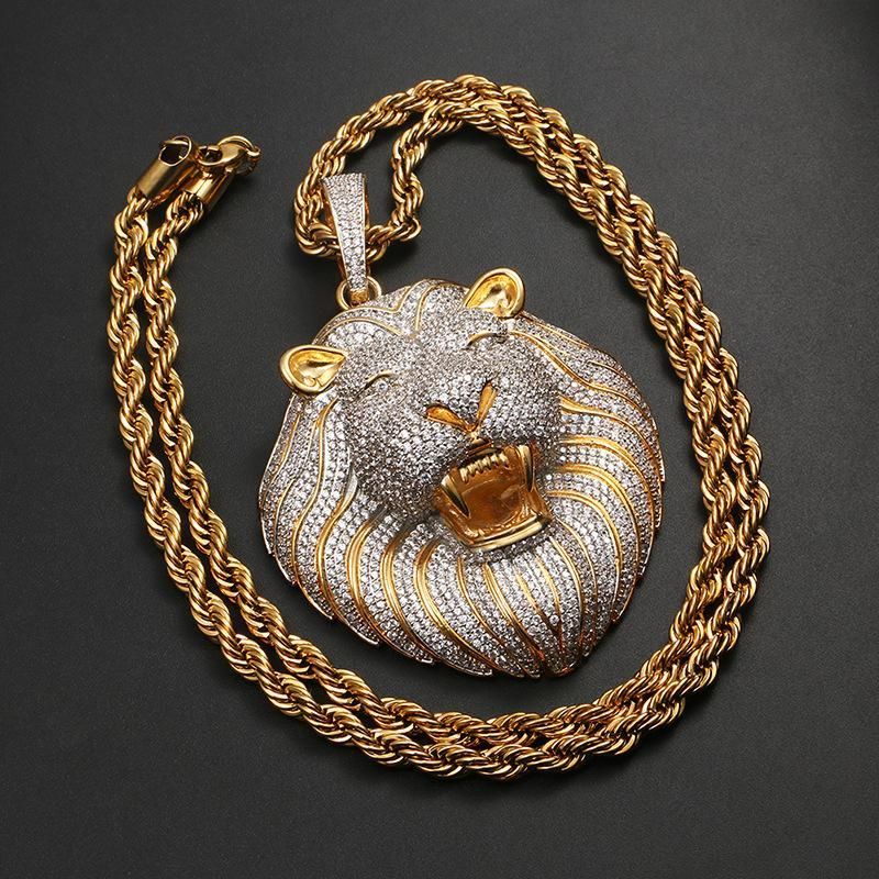 Iced-Out King Lion Pendant & Chain Set (Gold or Silver)【A21】