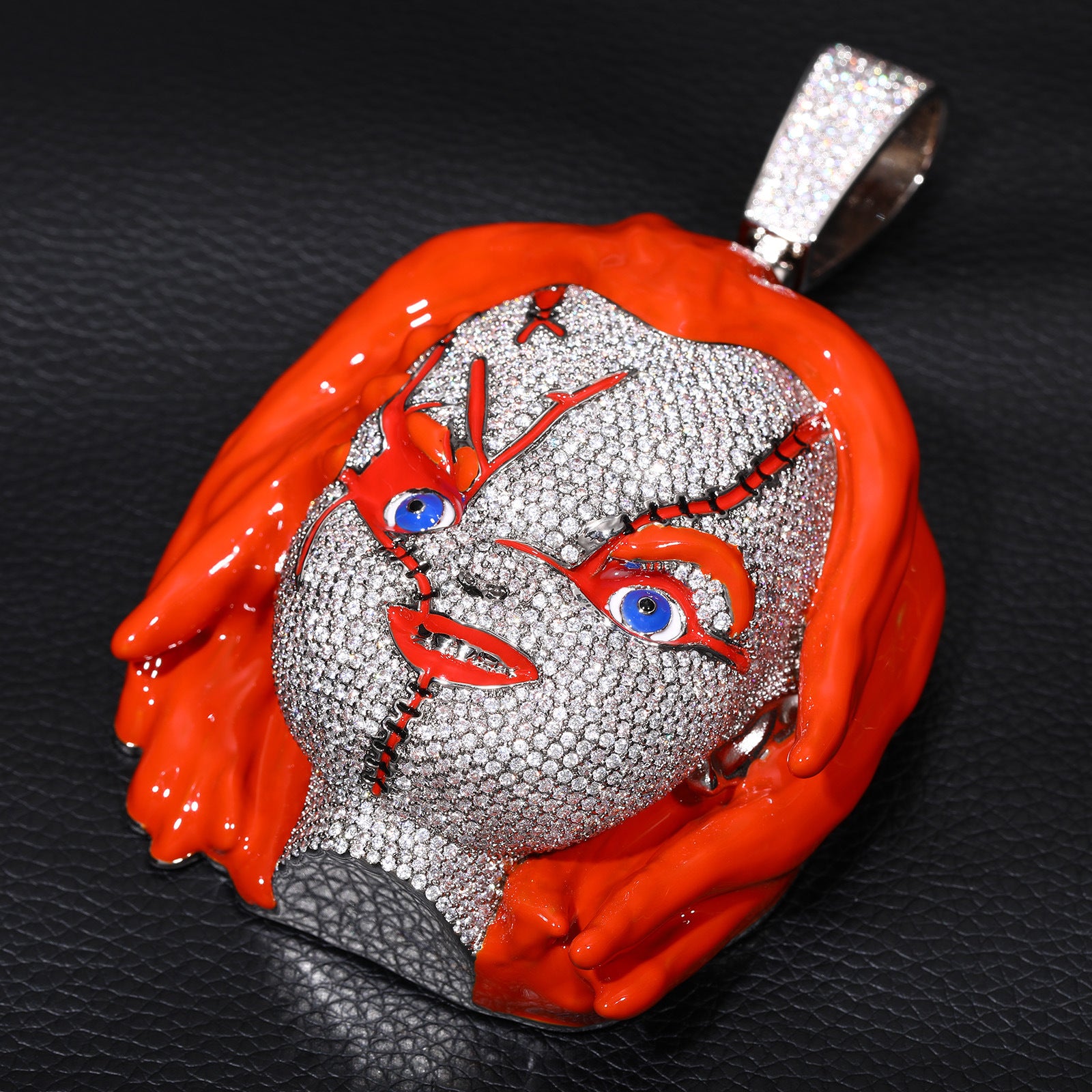 Moissanite Chucky pendant with orange enamel hair and iced-out stones