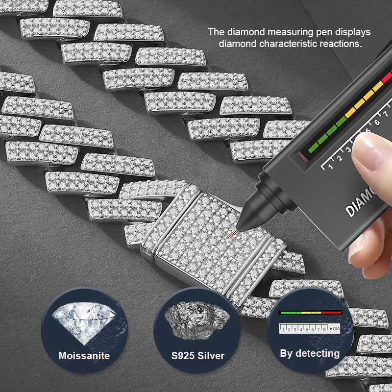 Hip-hop S925 Perak Moissanite Rhombus Rantai Cuba Rantai Kalung Lelaki, Aksesori Fesyen Mewah