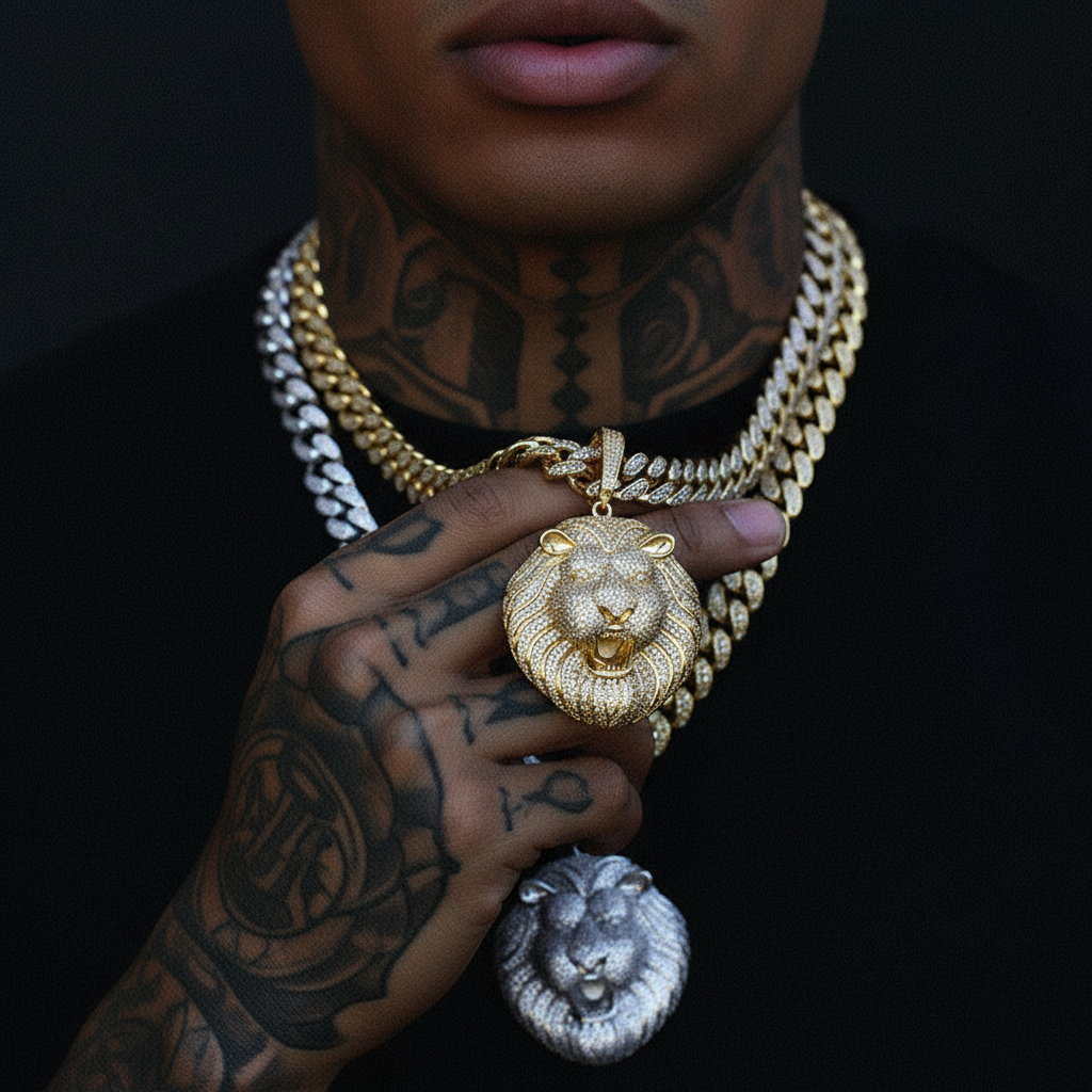 Iced-Out King Lion Pendant & Chain Set (Gold or Silver)【A21】