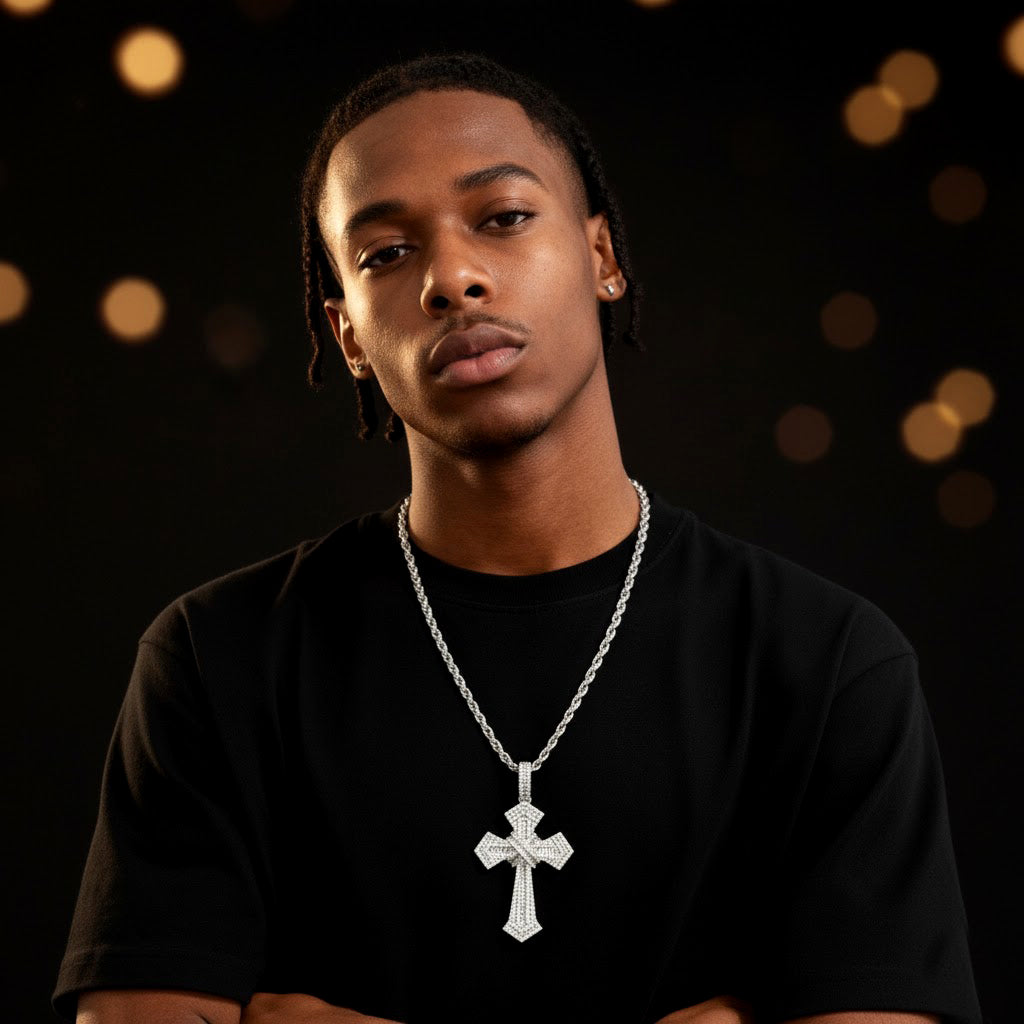 HipHop Style Diamond-Cut Iced-Out Cross Pendant with Twisted Chain【A62】