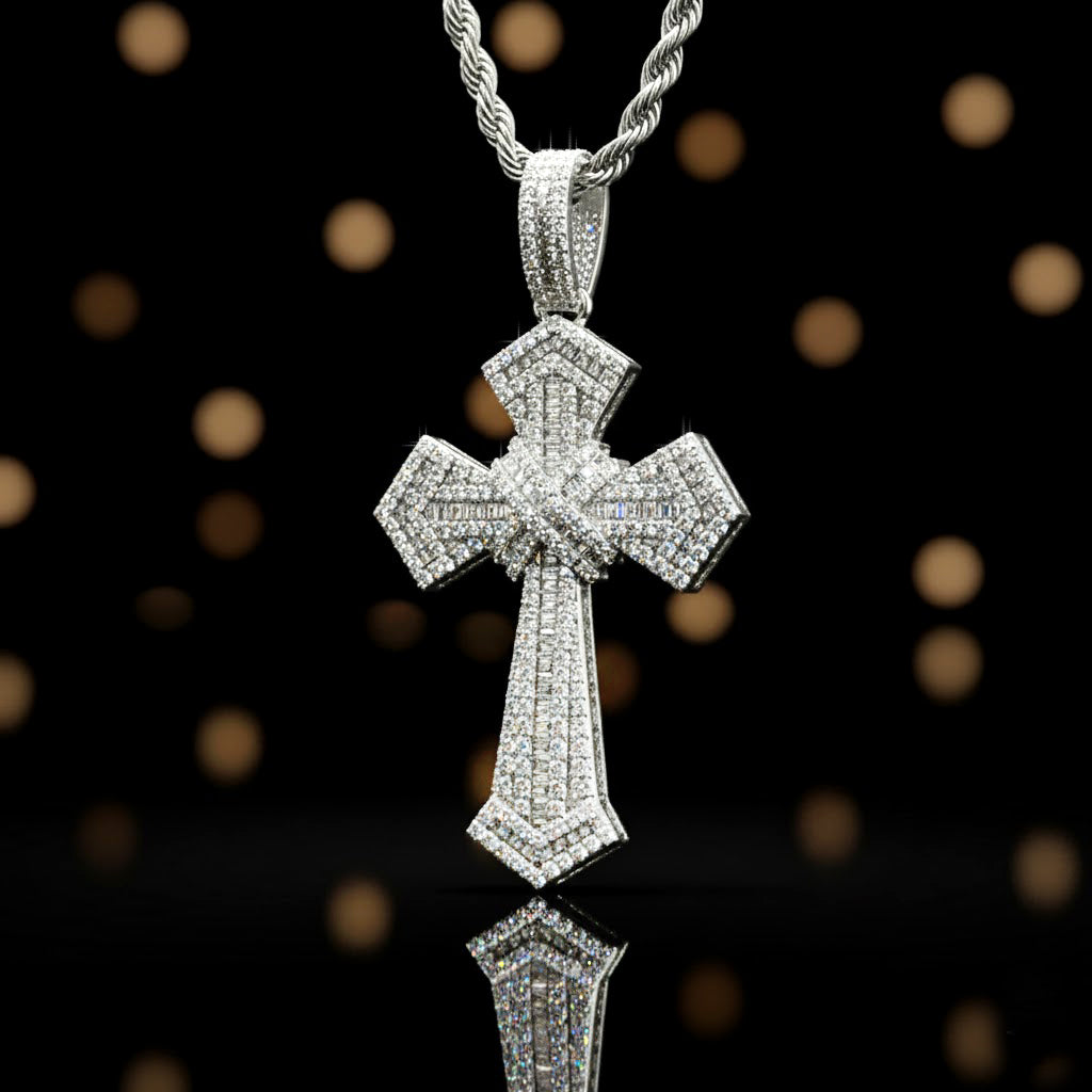 HipHop Style Diamond-Cut Iced-Out Cross Pendant with Twisted Chain【A62】