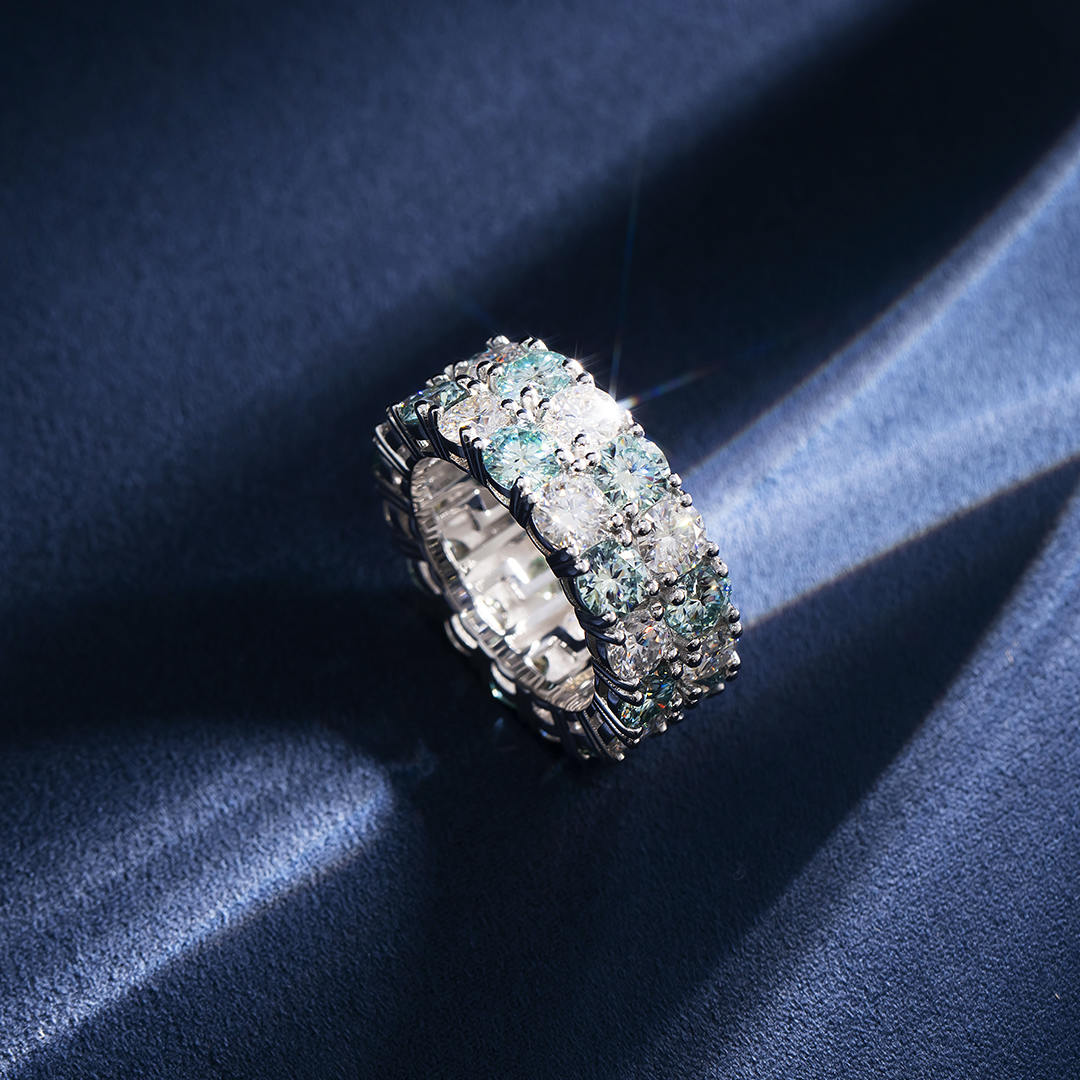 Moissanite Blue & White Two Row Eternity Ring