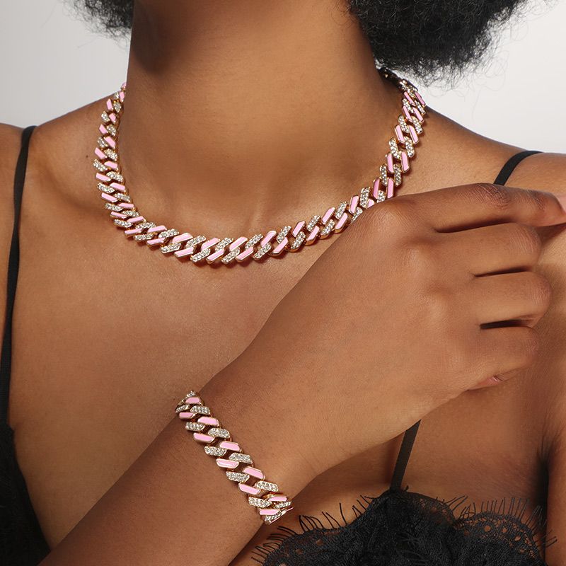 11mm Half Stones and Pink  Cuban Link Choker Set