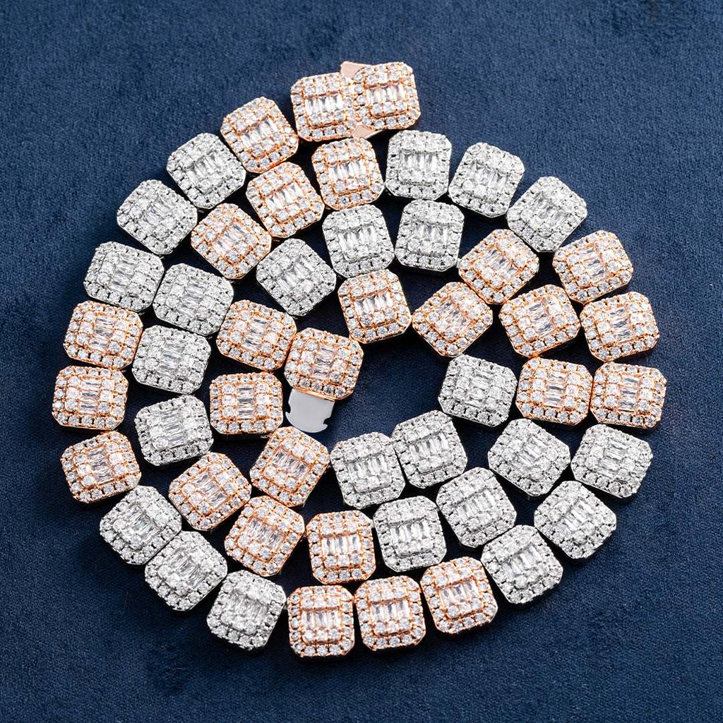 10mm Moissanite Two Tone  Halo Baguette Link Chain