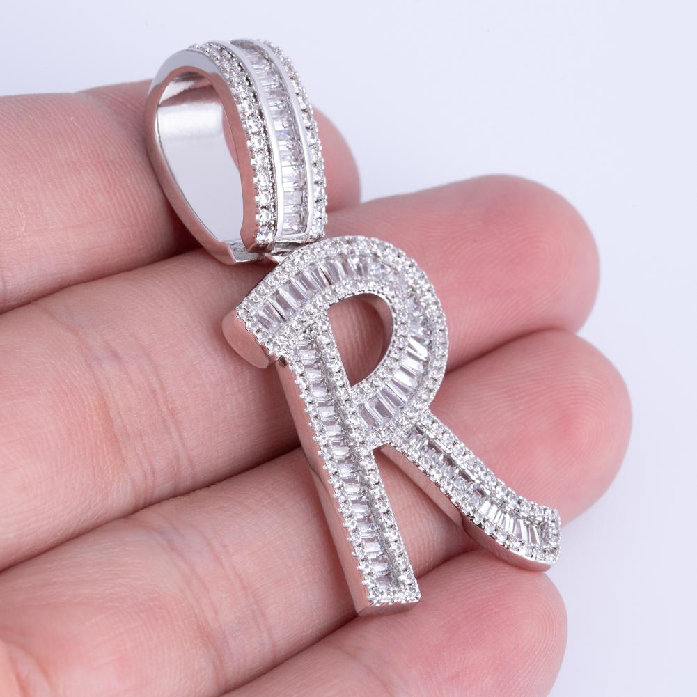 Iced Out Baguette Cut Letters Pendant Name Moissanite Necklace in White Gold/Gold