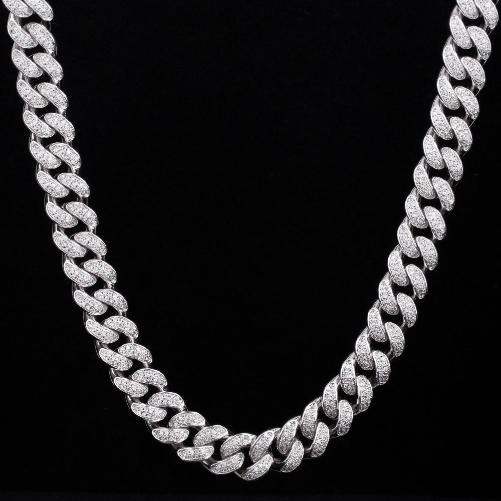 12mm Iced Out Cuban Link Chain in White Gold