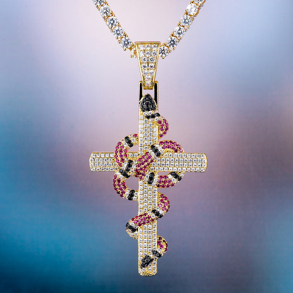 Moissanite Iced Out Mens Cross with Coral Snake Twist Pendant