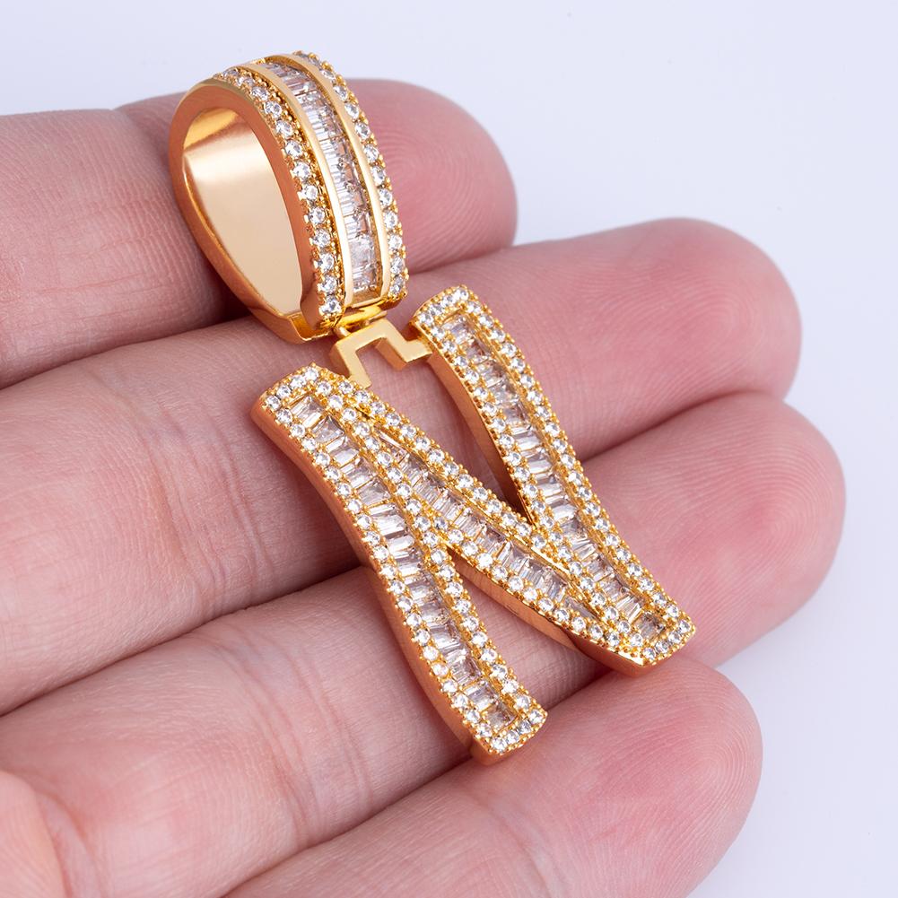 Iced Out Baguette Cut Letters Pendant Name Moissanite Necklace in White Gold/Gold