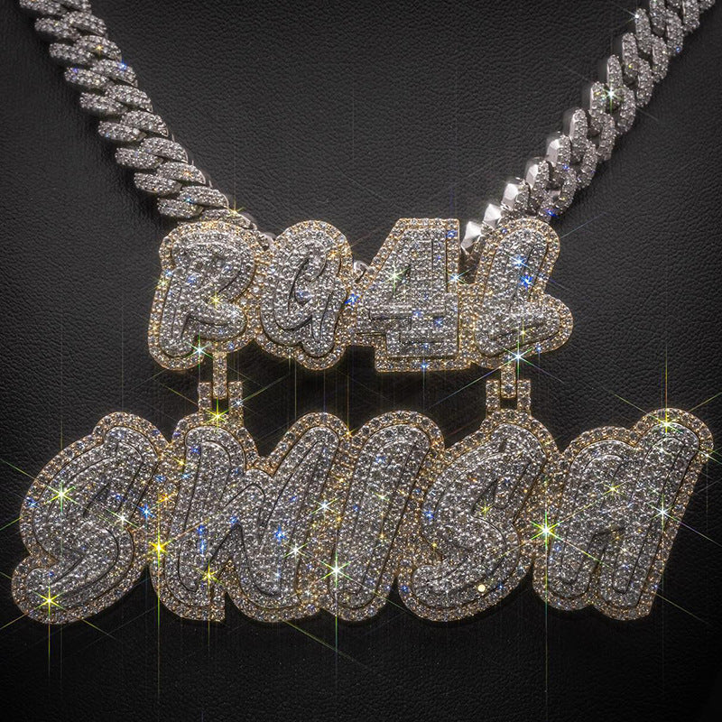 Loket Hip-hop dengan Nombor dan Huruf Bertatah Berlian, Barang Kemas Fesyen untuk Lelaki Trend, Kalung Moissanite Perak Sterling untuk Lelaki Eropah dan Amerika