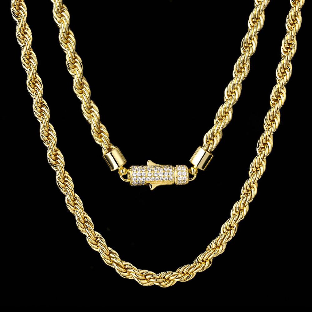 6mm Iced Out Lock Mens Moissanite Rope Chain in 14K Gold