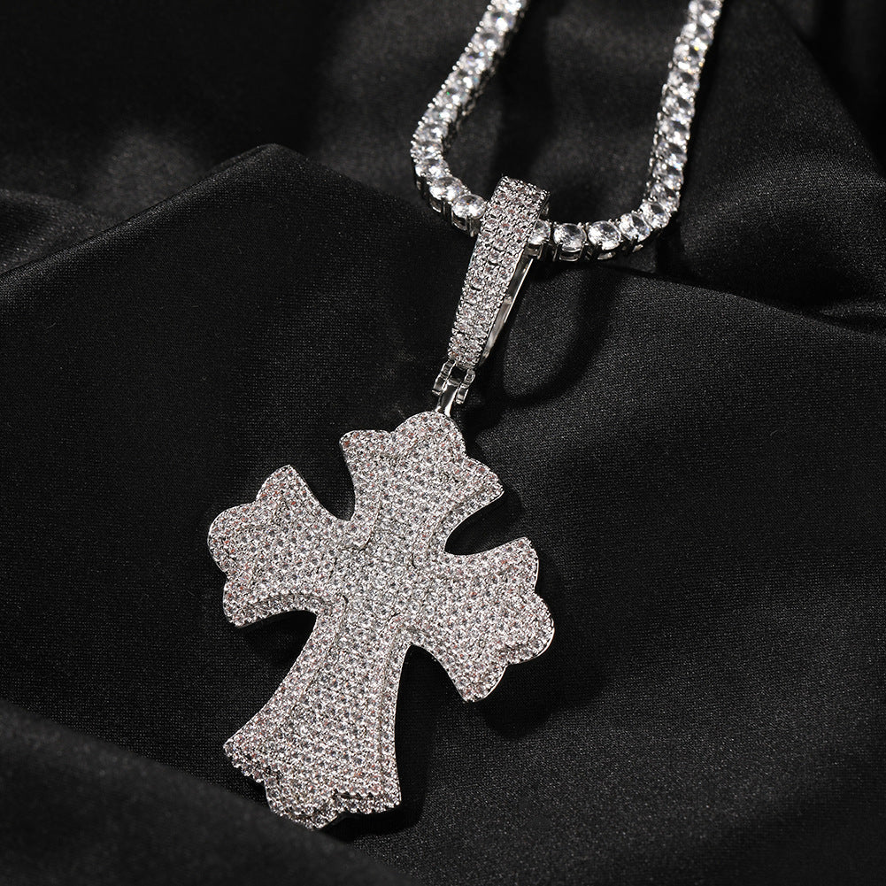 Moissanite 10mm Cuban Chain Cross Pendant Set