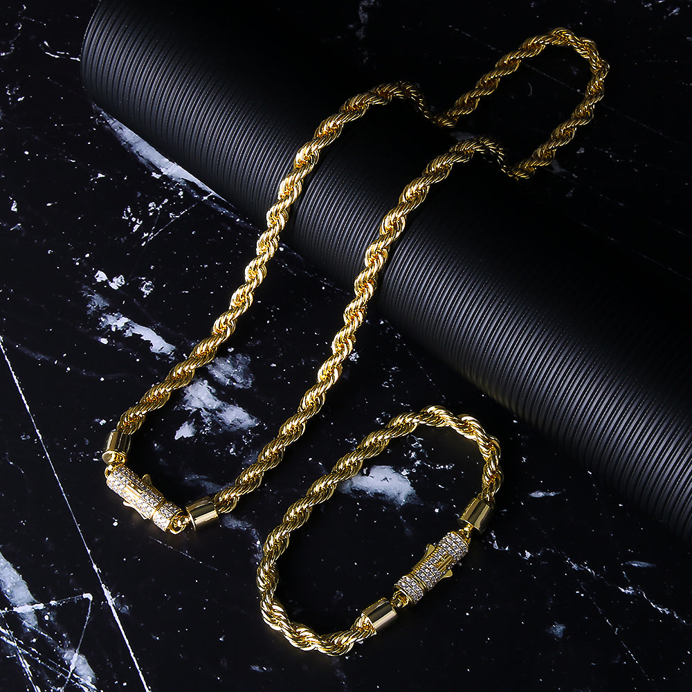 6mm Iced Out Lock Mens Moissanite Rope Chain in 14K Gold