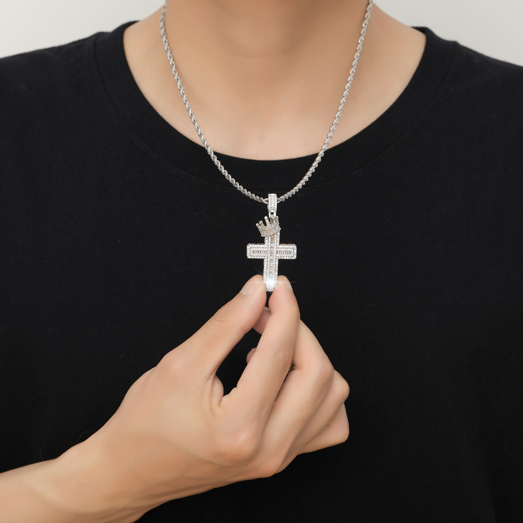Ice Out Baguette Crown Cross Pendant