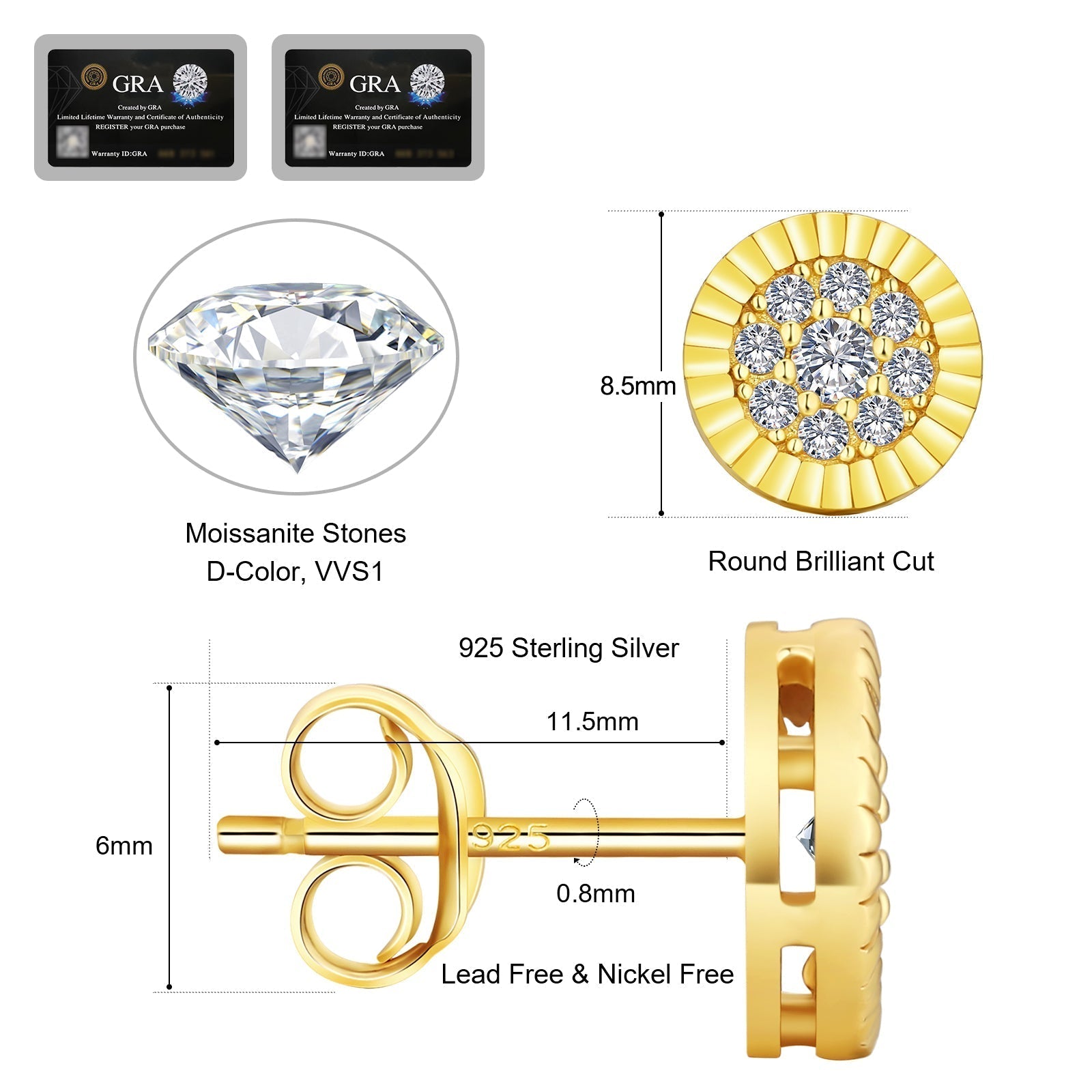 S925 & VVS1 Moissanite Round Excellent Earrings（0.5 Carats *2）