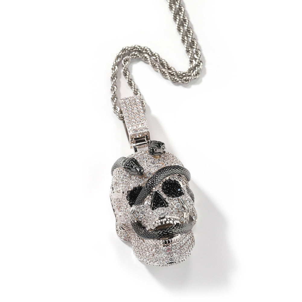 Snake Skull Moissanite Pendant in White & Black Gold