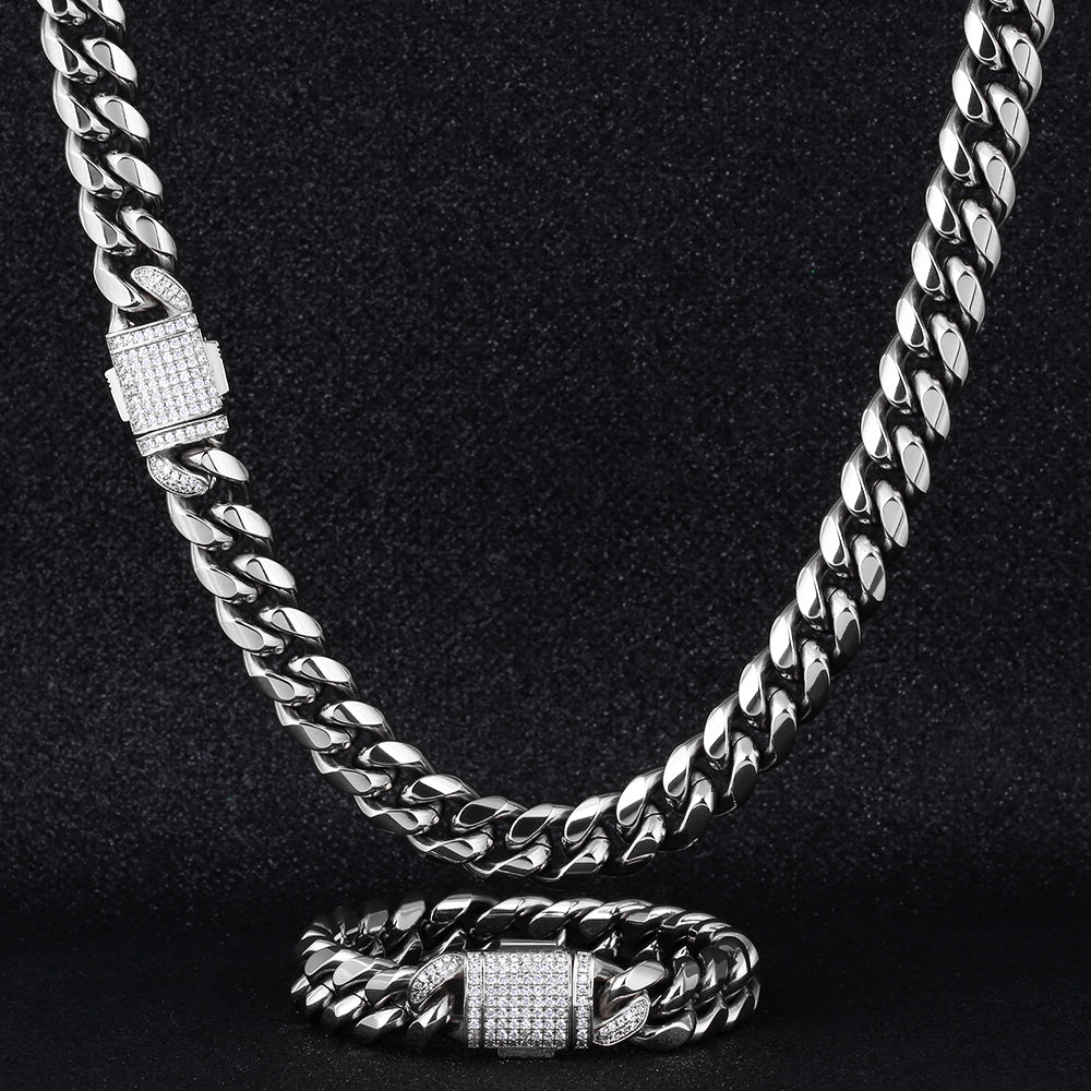12mm Iced Out Clasp Moissanite Cuban Link Chain and Bracelet Set