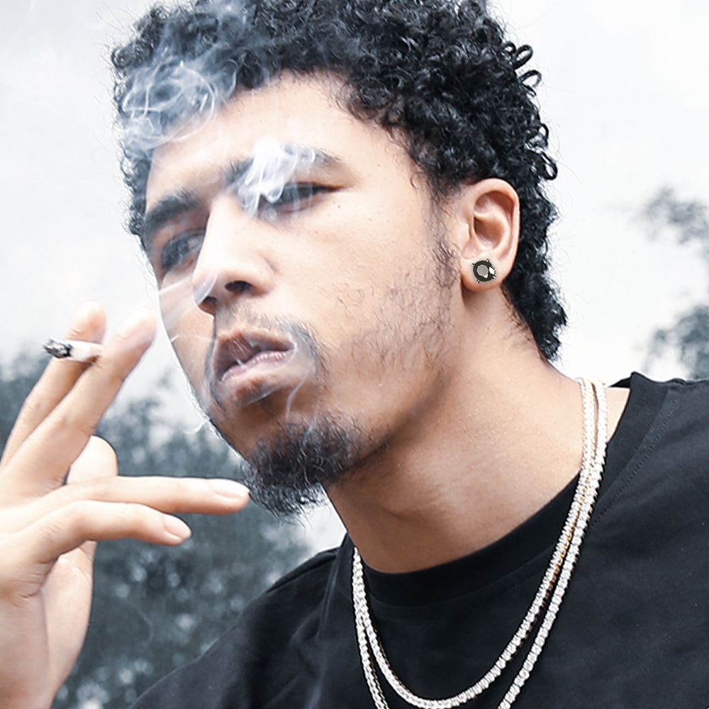 Round Black Diamond Stud Earrings for Men