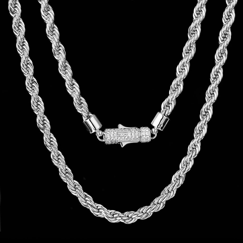 6mm Iced Out Lock Mens Moissanite Rope Chain in White Gold