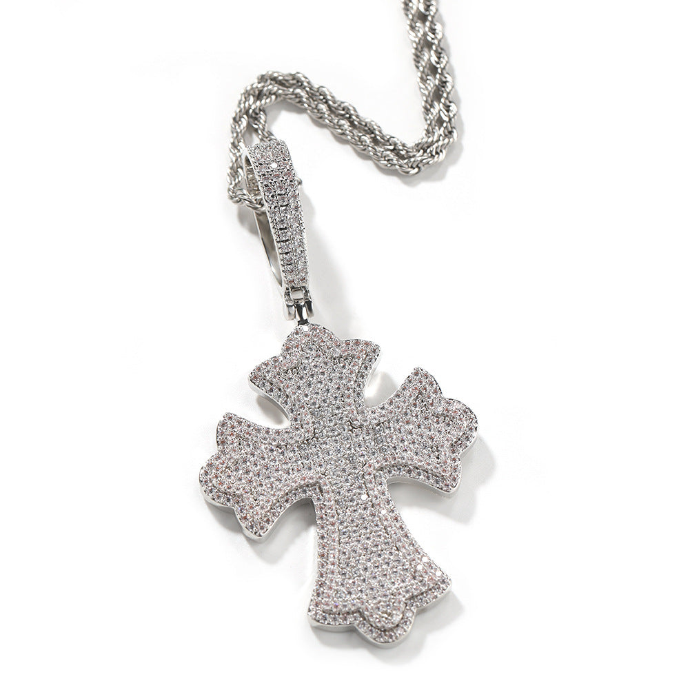 Moissanite 10mm Cuban Chain Cross Pendant Set