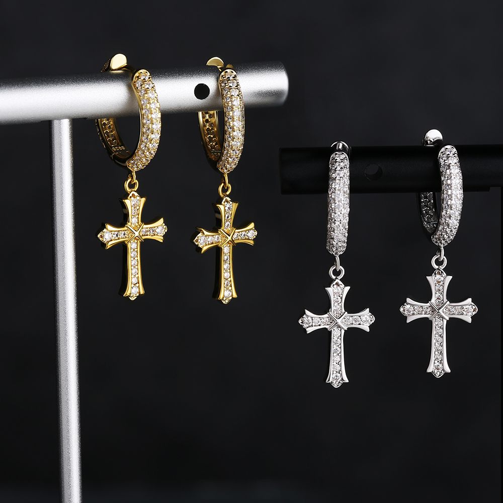 Iced Out Hoop Earrings for Men with Moissanite Dangle Cross