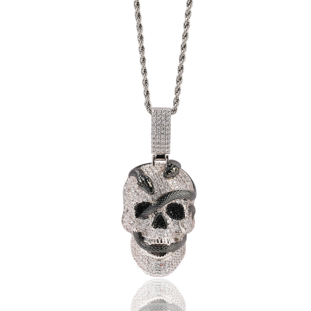 Snake Skull Moissanite Pendant in White & Black Gold
