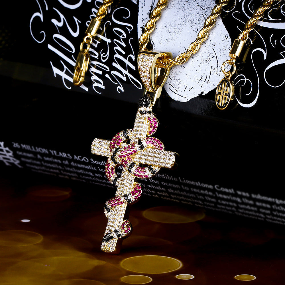 Moissanite Iced Out Mens Cross with Coral Snake Twist Pendant