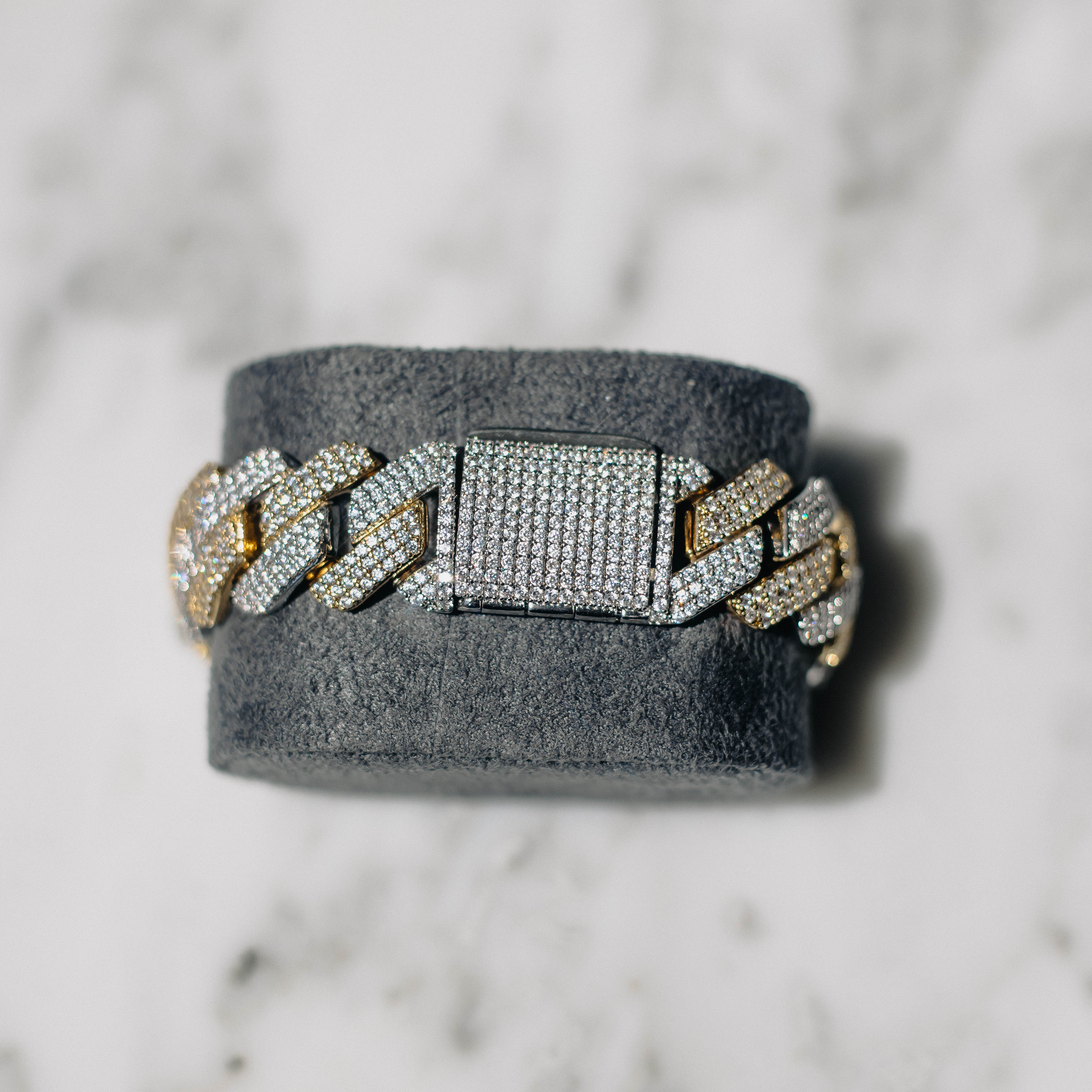 19mm Moissanite Prong Cuban Bracelet 2 Tone Gold & White