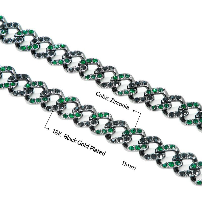 11mm Emerald & Black Stones Cuban Chain Set