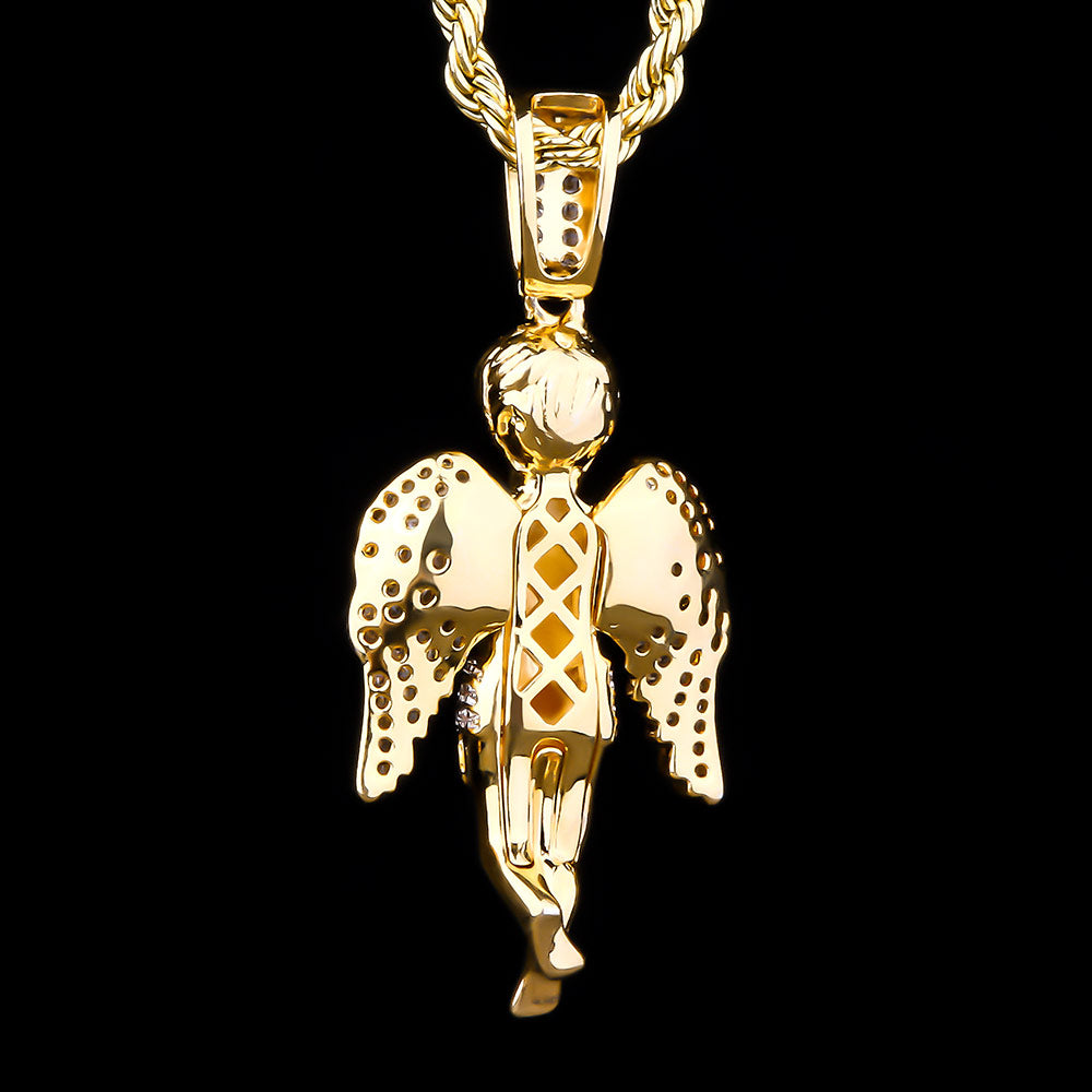 Iced Out Mens Angel Moissanite Pendant Necklalce in 14K Gold/White Gold