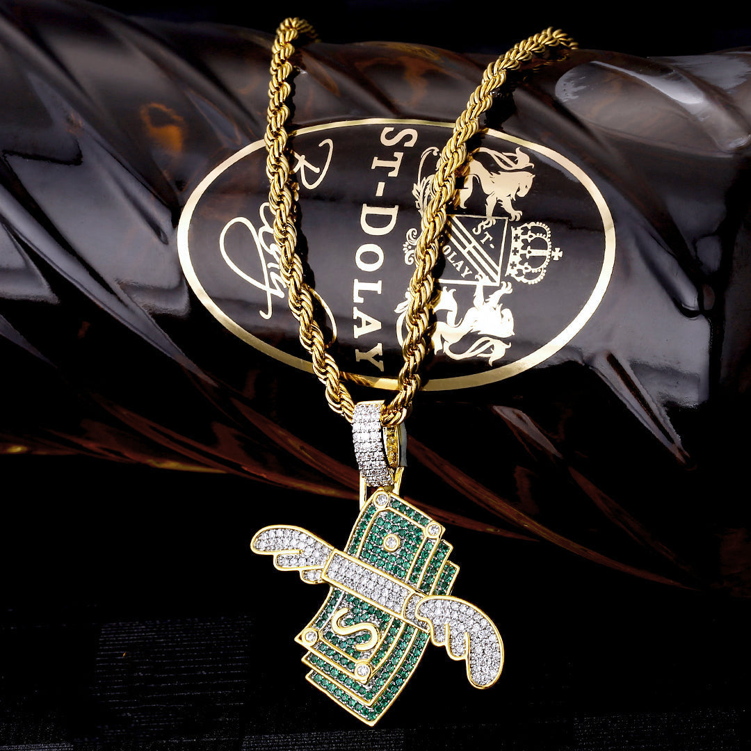 Iced Out Dollar Stack Wing Mens Moissanite Pendant Necklace in 14K Gold