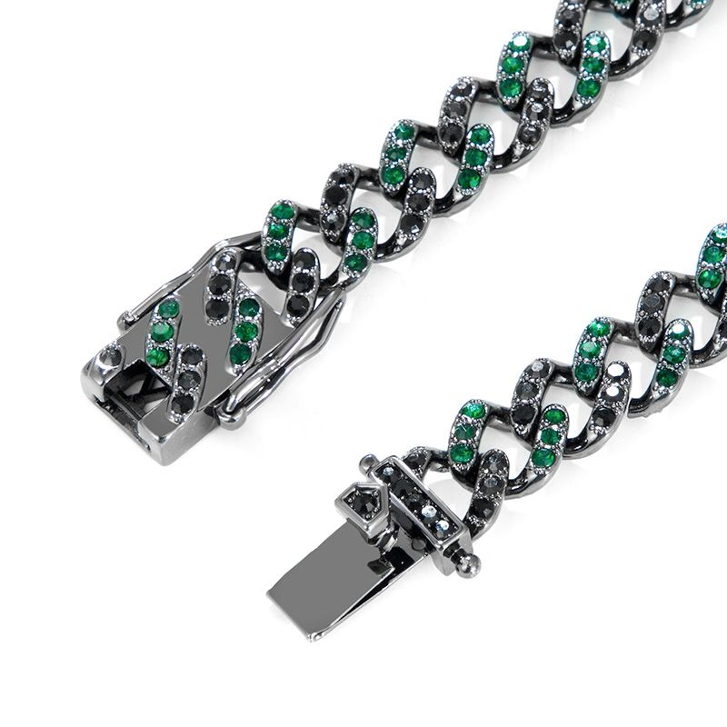 11mm Emerald & Black Stones Cuban Chain Set