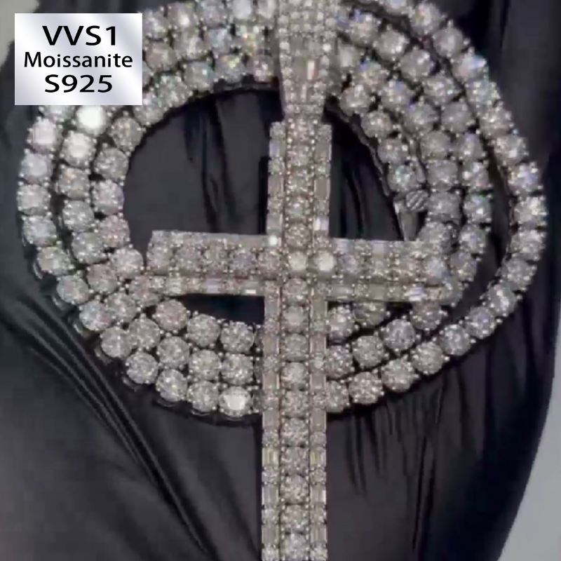 4mm Moissanite Diamond Cross Pendant Tennis Chains Set