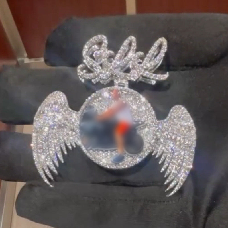 Moissanite SKR HipHop can be Customized Photo Wings Round Pendant