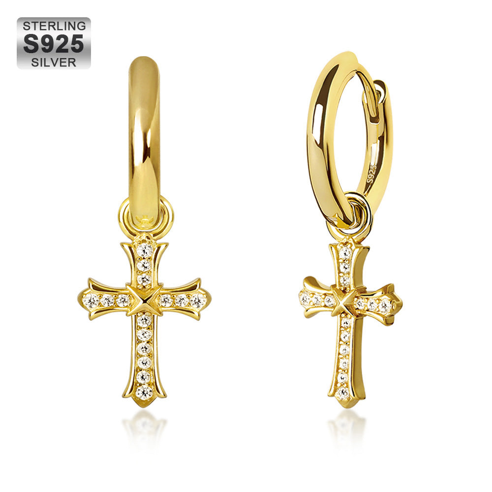 S925 & VVS Moissanite 14K Gold/White Gold Diamond Dangle Cross Mens Earrings (15mm)