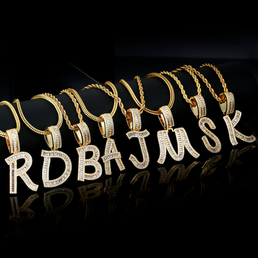 Iced Out Baguette Cut Letters Pendant Name Moissanite Necklace in White Gold/Gold