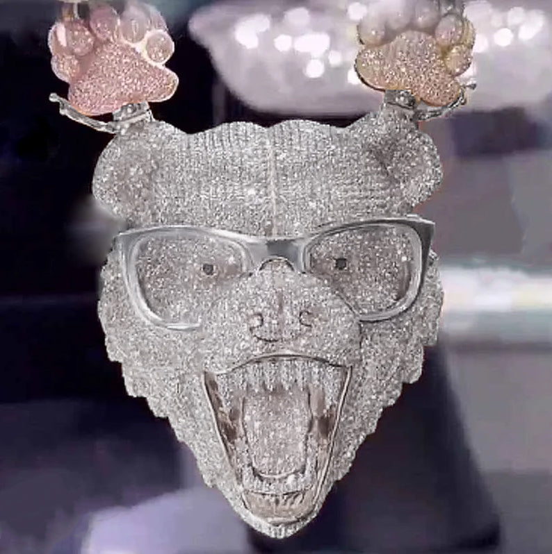 3D | 925S Wearing Glasses Bear Pendant Paw Prints  Chain