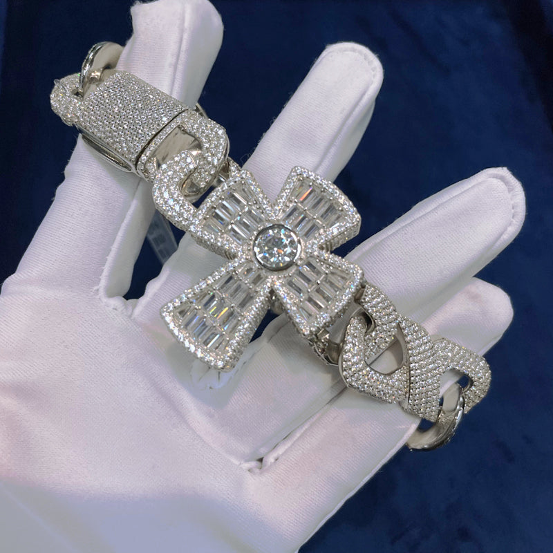 Moissanite Baguette Cross Cuban Bracelet