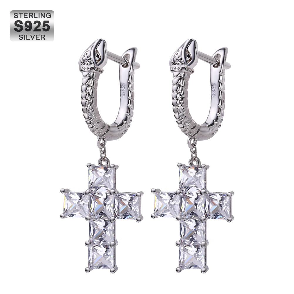 S925 & Moissanite "Snake Hoop Dangle Cross" Earrings