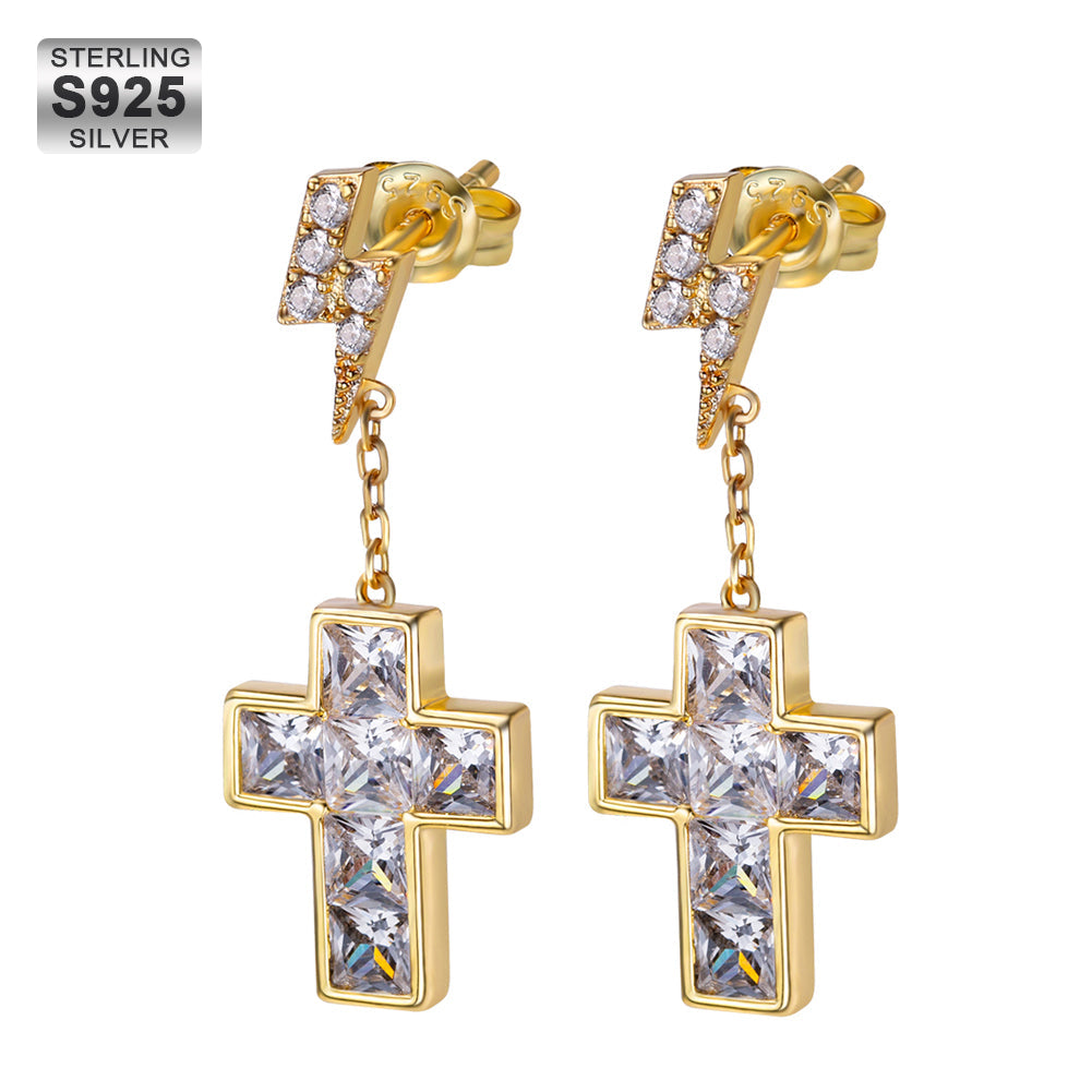 Moissanite Stud Earrings for Men with Gold Cross in 14K Gold