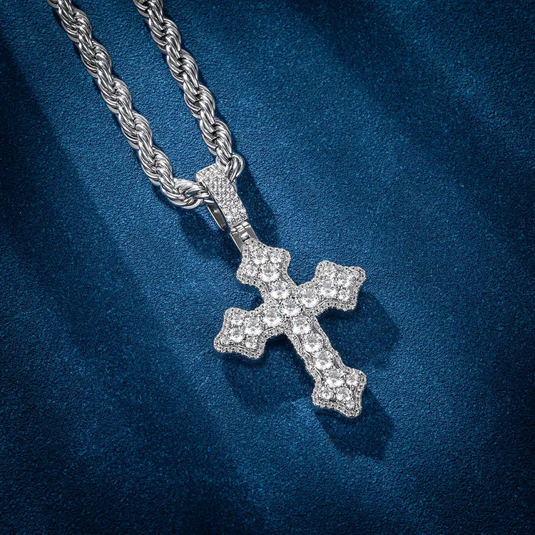Clustered Cross White Gold Moissanite Pendant