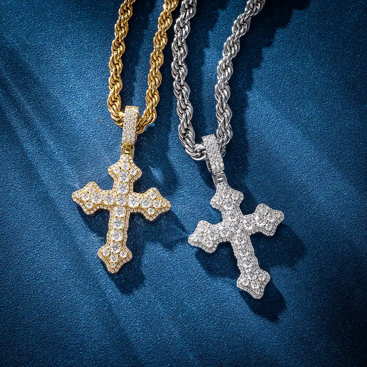 Clustered Cross White Gold Moissanite Pendant