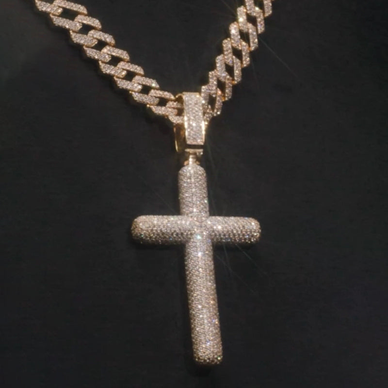 Moissanite Cross Pendant Cuban Chain Set