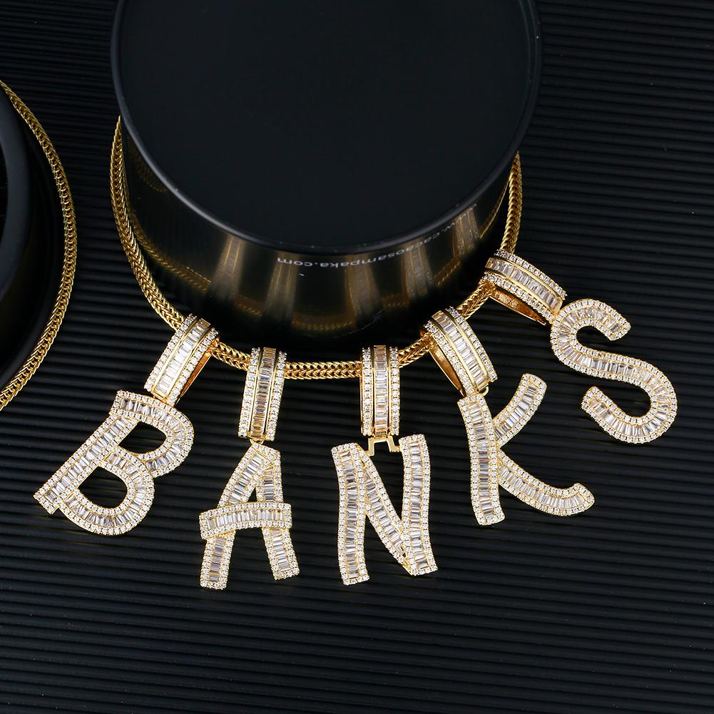 Iced Out Baguette Cut Letters Pendant Name Moissanite Necklace in White Gold/Gold