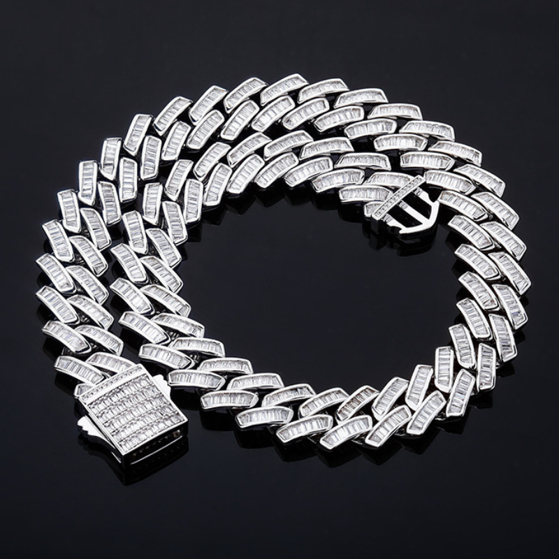 18mm Baguette Cuban Link Chain in White Gold
