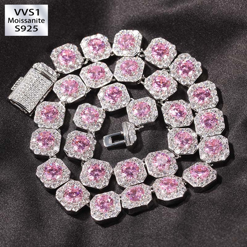 12mm Handset Pink Clustered Moissanite Tennis Chain in White Gold