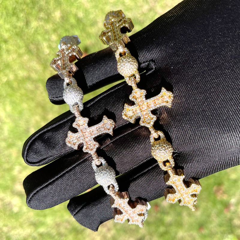 Moissanite Hip Hop Round Bead Cross Bracelet