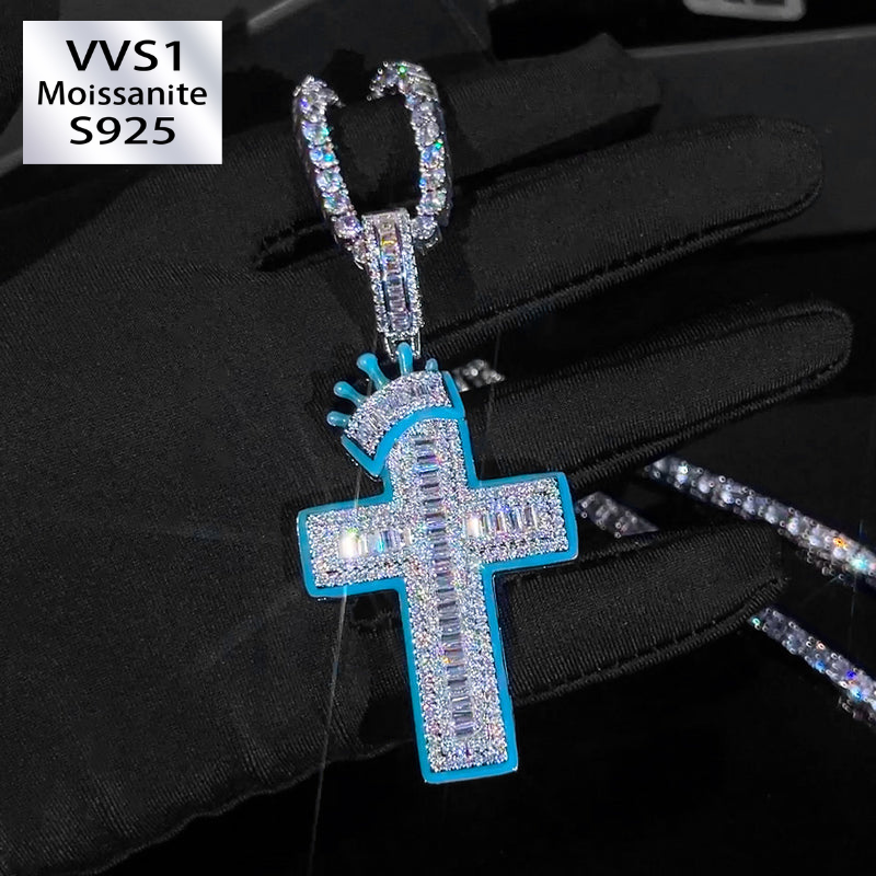 Glow in The Dark Baguette Crown Cross Moissanite Pendant