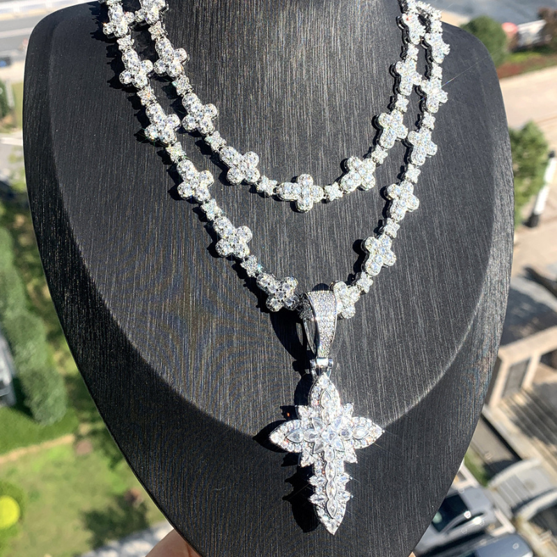 Moissanite Ice Lotus Flower Cross Pendant Chain Set