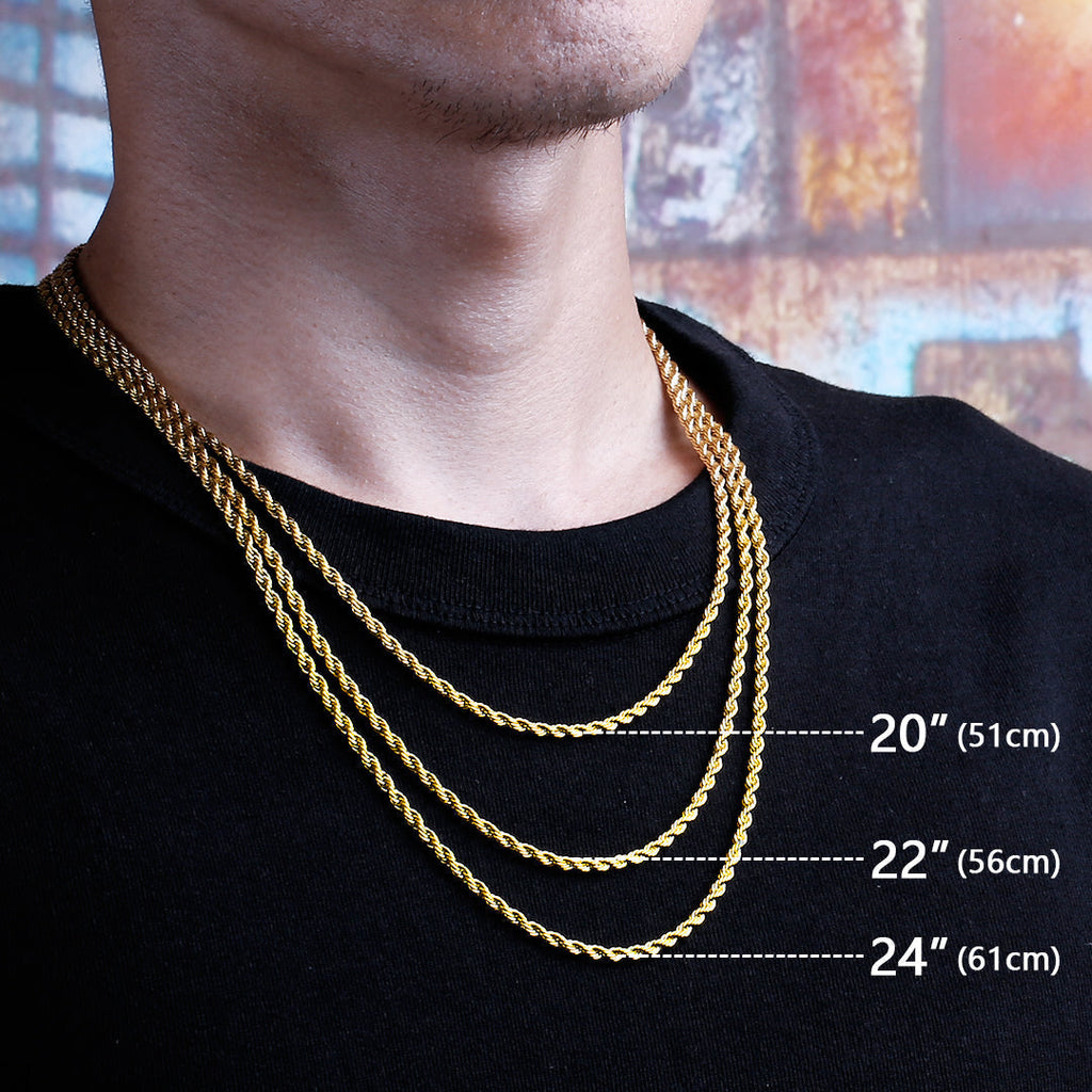 3mm Stainless Steel Mens Rope Chain in 18K Gold